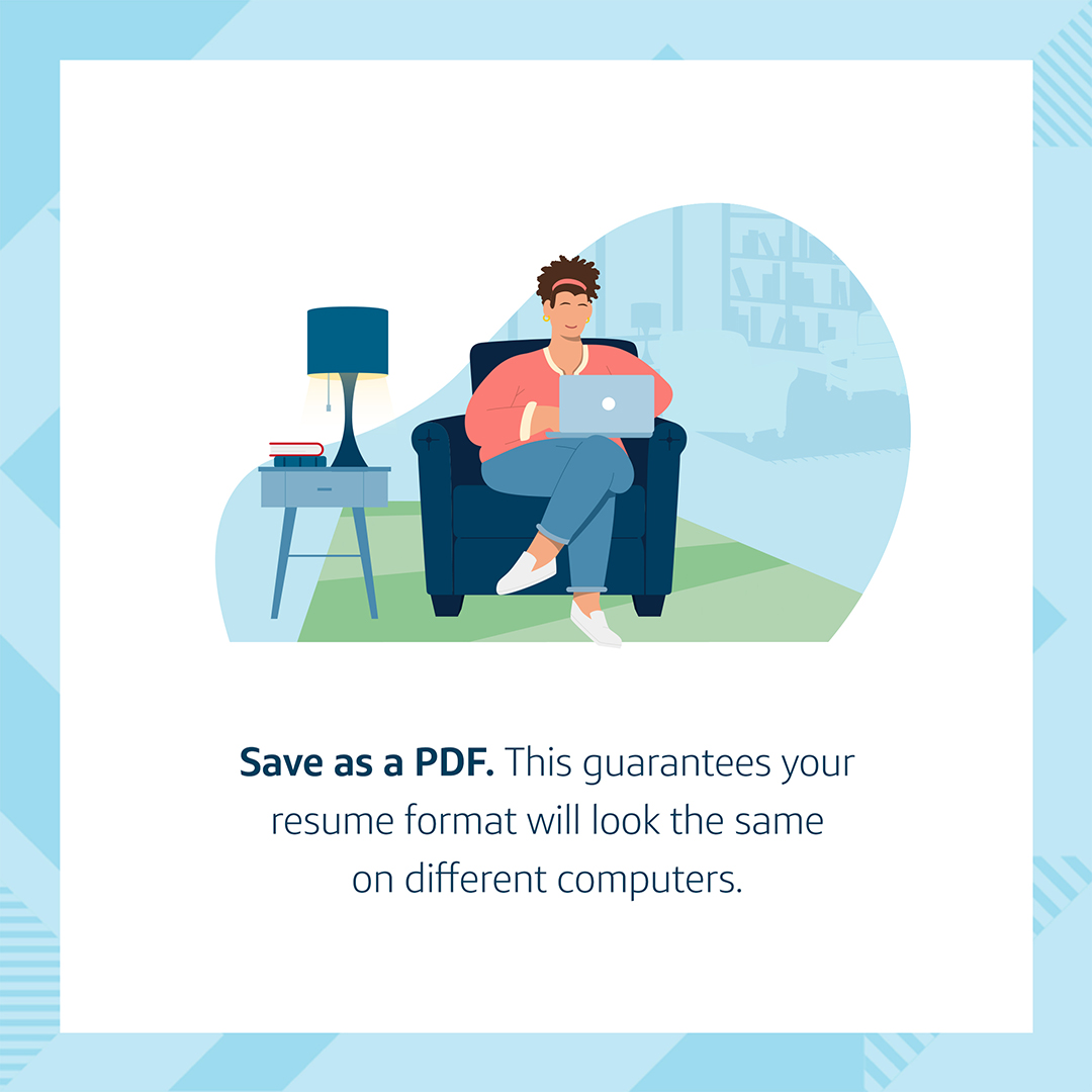 Resume Tip #7: An animated picture of a Capital One associate sitting in a chair with their laptop, with the words, "Save as a PDF. This quarantees your resume format will look the same on different computers."
